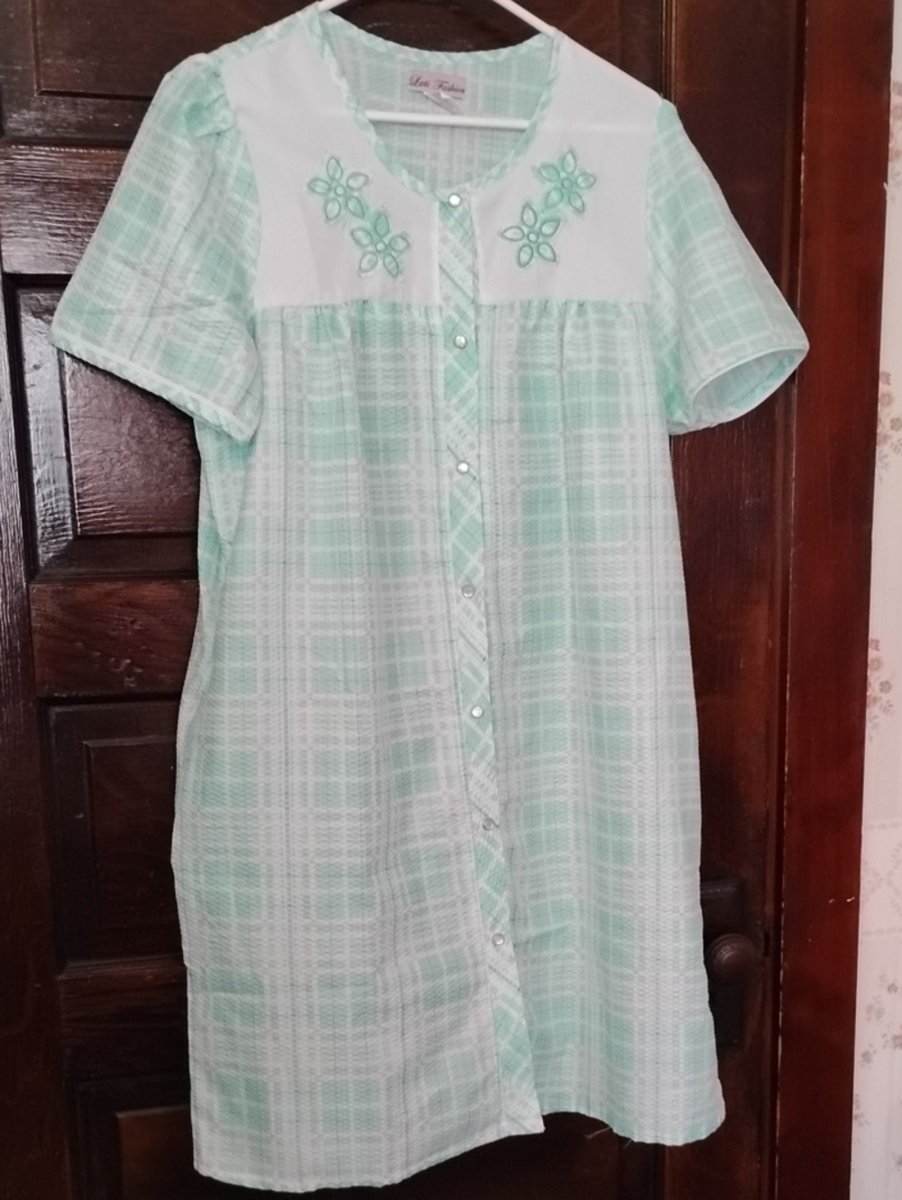 Lati Fashion Mint Plaid Button-Front Retro Housedress XL
